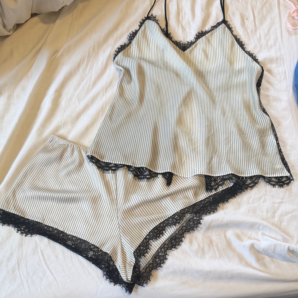 Victoria's Secret Black & White Pinstripe Lace Cami and Shorts Set